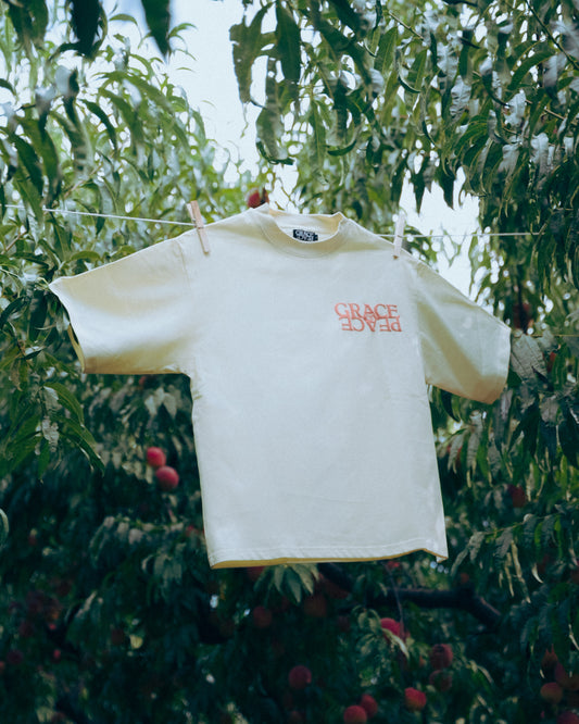 Cream tshirt with peach text hanging on a clothesline surrounded in a peach orachard .